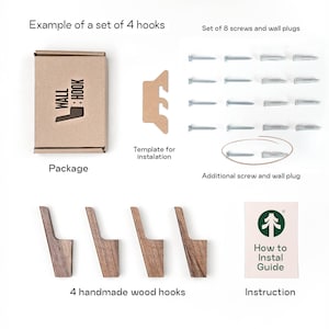 The image is a detailed illustration of a set of 4 hooks, including a package, additional screws and wall plugs, a template for installation, and instructions for installing the hooks.