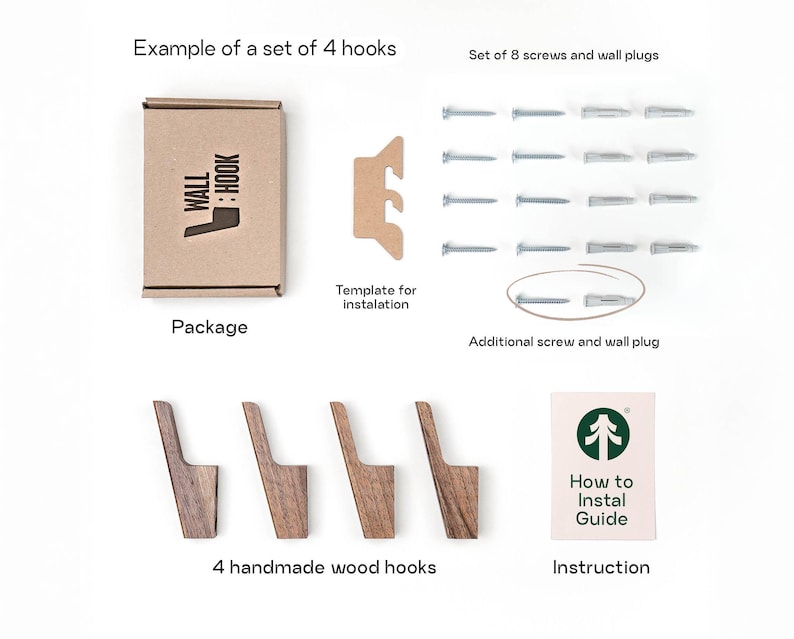 The image is a detailed illustration of a set of 4 hooks, including a package, additional screws and wall plugs, a template for installation, and instructions for installing the hooks.