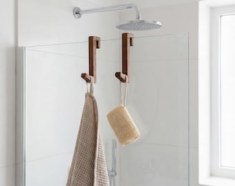 Wooden Towel Hook for Shower Glass — No Drill Over Glass Door, Walnut & Oak, Scandi Bathroom Decor