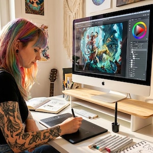 A woman with colorful hair is sitting at a desk, working on a digital art project on a computer. She is using a stylus to draw on a tablet, which is placed on a wooden stand. The computer monitor displays a vibrant illustration, and there are various art supplies and a potted plant in the background.