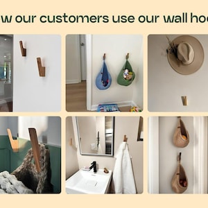 The image is a collage of six different photos showcasing various wall hooks and their uses.