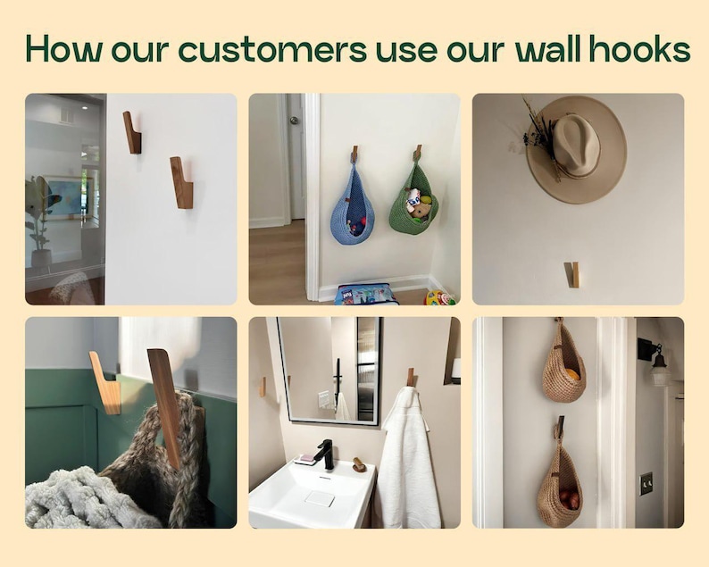The image is a collage of six different photos showcasing various wall hooks and their uses.