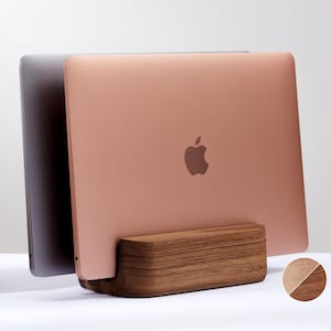 Wood Vertical Laptop Stand for Desk Setup, Dual Laptop Holder for Desk Organization, Walnut Macbook Pro home office,