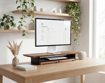 Monitorstandaard van massief walnotenhout, ergonomische bureau-organizer | Handgemaakte houten verhoger, opties voor aangepaste breedte, multifunctioneel ontwerp