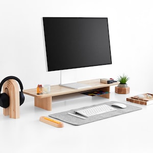 Wooden Desk Monitor Stand with Storage and Shelf - Ergonomic Dual Monitor Riser in Walnut or Ash - Easy Assembly