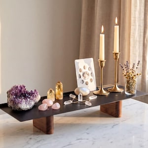 Black Altar Table | Steel Top, Solid Wood Base | Crystal Display Shelf for Lunar Ritual