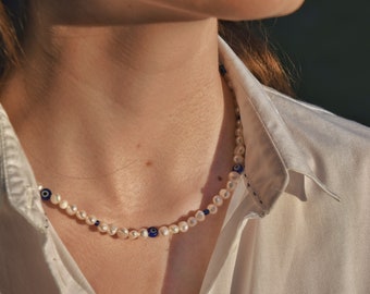 Freshwater pearl necklace with Nazar "Athens" | stainless steel