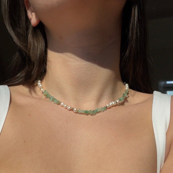 Handmade green aventurine necklace, 40 cm - For happiness, success and harmony - lobster clasp