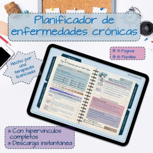 Könnte beinhalten: Ein digitaler Planer für chronische Krankheiten, dargestellt auf einem Tablet. Der Planer enthält ein Spiralnotizbuch mit Abschnitten zur Vorbereitung auf Arztbesuche, mit 31 Seiten und 18 Vorlagen. Der Text enthält "Planificador de enfermedades crónicas".