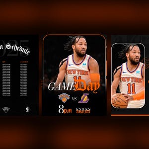 May include: A basketball-themed graphic design featuring a player in a New York Knicks jersey. The design includes the text "Season Schedule 2025", "Game Day", and the team logos. The colour scheme is black and orange.