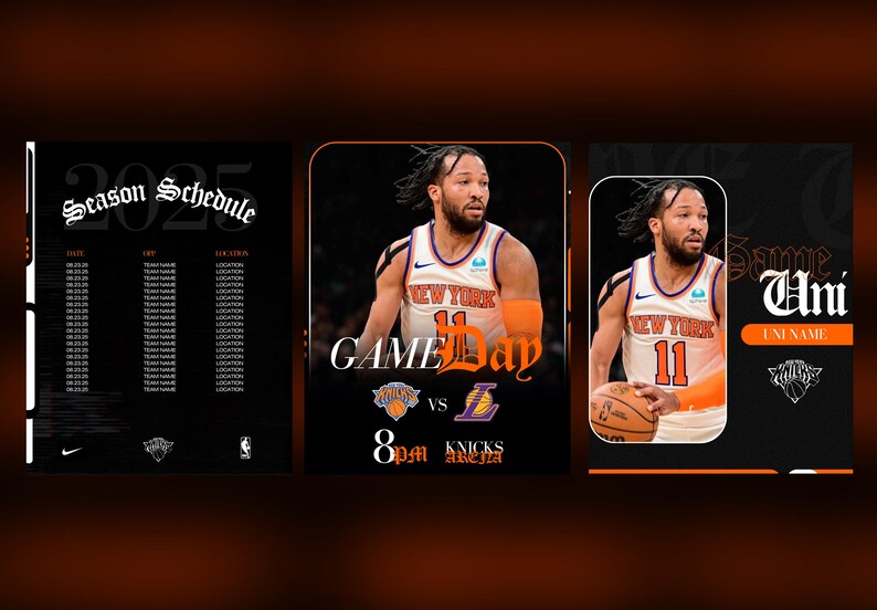 May include: A basketball-themed graphic design featuring a player in a New York Knicks jersey. The design includes the text "Season Schedule 2025", "Game Day", and the team logos. The colour scheme is black and orange.