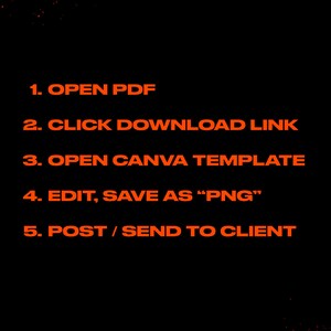 May include: Black background with orange text detailing a five-step process. The steps are: open PDF, click download link, open Canva template, edit and save as PNG, and post or send to client.