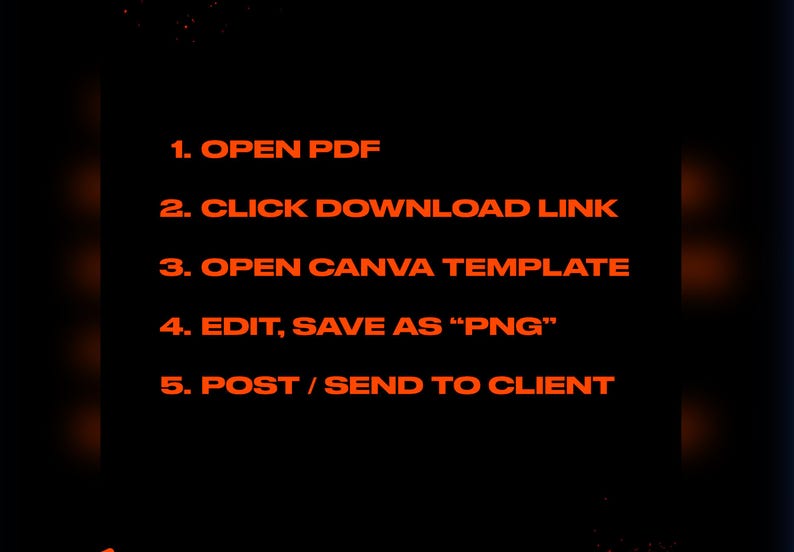 May include: Black background with orange text detailing a five-step process. The steps are: open PDF, click download link, open Canva template, edit and save as PNG, and post or send to client.