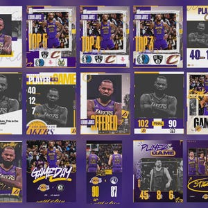 May include: A series of basketball graphics featuring LeBron James in a Lakers uniform. The designs include game stats, team logos, and phrases like "Player of the Game" and "Committed". The colour scheme is purple, gold, and white.