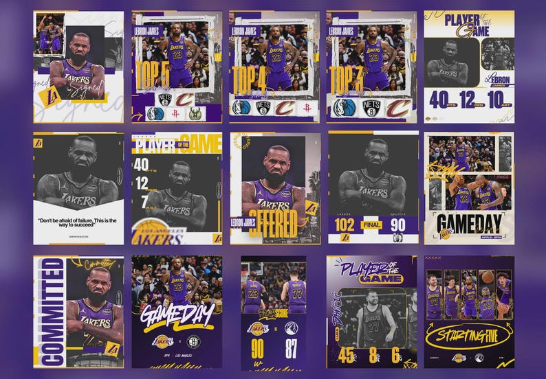 May include: A series of basketball graphics featuring LeBron James in a Lakers uniform. The designs include game stats, team logos, and phrases like "Player of the Game" and "Committed". The colour scheme is purple, gold, and white.