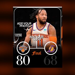 May include: A digital graphic featuring a basketball player in a New York Knicks jersey. The image includes the text "ADD YOUR PHOTO", "ADD YOUR LOGO", and "CHANGE COLOURS". The final score is displayed as 80 to 68.