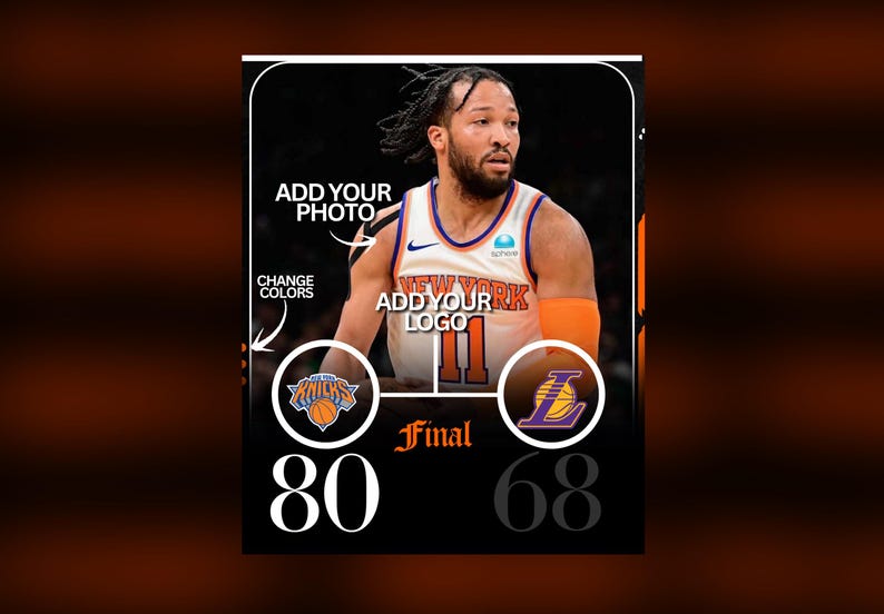 May include: A digital graphic featuring a basketball player in a New York Knicks jersey. The image includes the text "ADD YOUR PHOTO", "ADD YOUR LOGO", and "CHANGE COLOURS". The final score is displayed as 80 to 68.