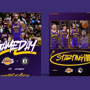 May include: A purple and gold poster promoting a Lakers basketball game. The left side shows a player in a Lakers jersey with the text "GAMEDAY". The right side displays the starting five players. The text "STARTING FIVE" is also visible.