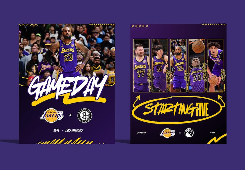 May include: A purple and gold poster promoting a Lakers basketball game. The left side shows a player in a Lakers jersey with the text "GAMEDAY". The right side displays the starting five players. The text "STARTING FIVE" is also visible.