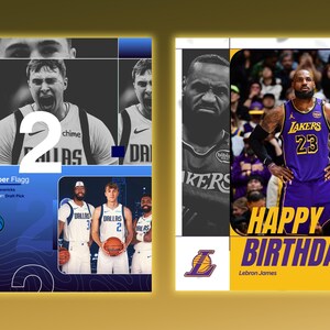 May include: A collage featuring basketball imagery. One section highlights a player with the number 2, and the text "DALLAS". Another section displays "Cooper Flagg" with team details. The right side has a "HAPPY BIRTHDAY" message for LeBron James, with the Lakers logo.