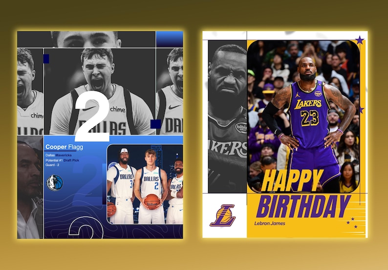 May include: A collage featuring basketball imagery. One section highlights a player with the number 2, and the text "DALLAS". Another section displays "Cooper Flagg" with team details. The right side has a "HAPPY BIRTHDAY" message for LeBron James, with the Lakers logo.
