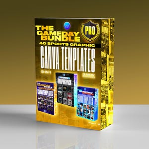 May include: A product box with a gold and black design, featuring the text "THE GAMEDAY BUNDLE" and "40 SPORTS GRAPHIC CANVA TEMPLATES". The box includes three smaller boxes with various sports graphics. The word "PRO" is displayed.