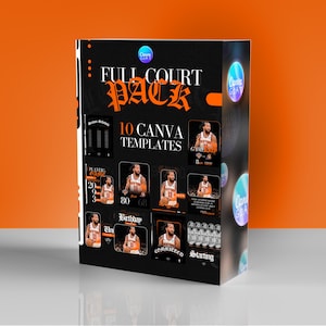 Può includere: Una scatola nera con le parole "FULL COURT PACK" in arancione con carattere gotico. La scatola contiene 10 modelli Canva con grafica a tema basket. Lo sfondo è arancione.