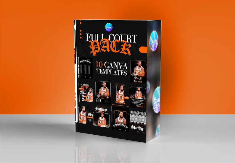 May include: A black box with the words "FULL COURT PACK" in orange gothic font. The box contains 10 Canva templates with basketball-themed graphics. The background is orange.