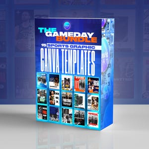 May include: A blue and white graphic bundle titled "The Gameday Bundle" with "15 Sports Graphic Canva Templates" displayed on the front. The bundle features various sports-themed graphics, with a blue background.
