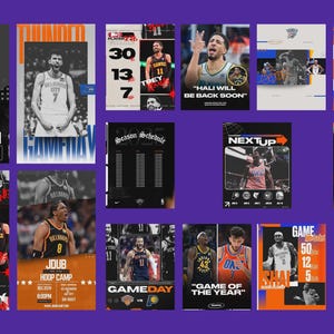 May include: A series of basketball-themed graphics, including player portraits, match schedules, and promotional text. The designs use striking typography, team colours, and action shots, ideal for sports marketing and fan engagement.