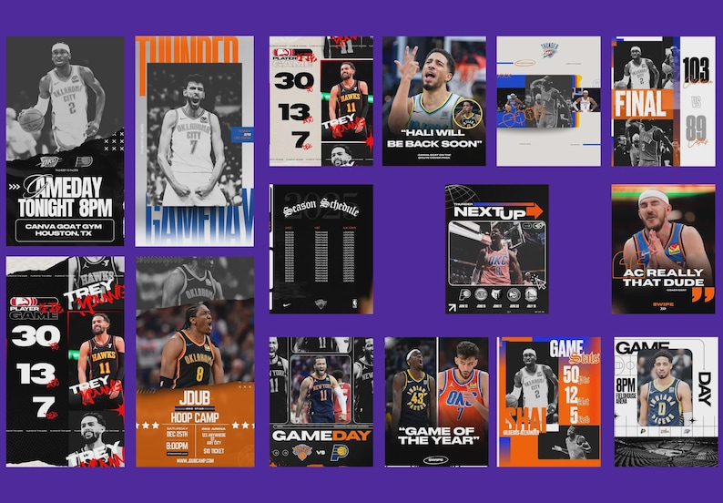 May include: A series of basketball-themed graphics, including player portraits, match schedules, and promotional text. The designs use striking typography, team colours, and action shots, ideal for sports marketing and fan engagement.