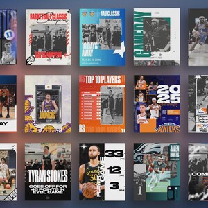 May include: A series of basketball posters with diverse designs. Some posters display player images, team logos, and text such as "Gameday," "Top 10 Players," and "Final 99." The colour scheme incorporates blue, orange, and black.