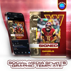 Può includere: Un modello grafico per social media con un giocatore di football americano in uniforme bordeaux e oro. Il design include il nome del giocatore, la sua posizione e la parola "SIGNED". Il modello è visualizzato su uno smartphone e una scheda stampata.