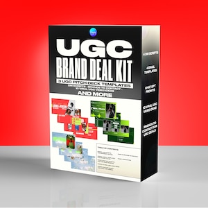 May include: A black and white box labelled "UGC BRAND DEAL KIT" with text and graphics. The box contains information on pitch deck templates, DM scripts, video ideas, and more. The background is a gradient of red.