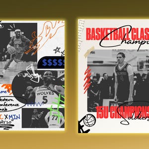 May include: A collage-style design featuring basketball imagery and text. The left side showcases action shots of players, with text including "Game", "Western Conference Finals", and "OKC X MIN MAY 20". The right side displays "BASKETBALL CLASSIC champions" and "15U CHAMPIONS Soldiers".