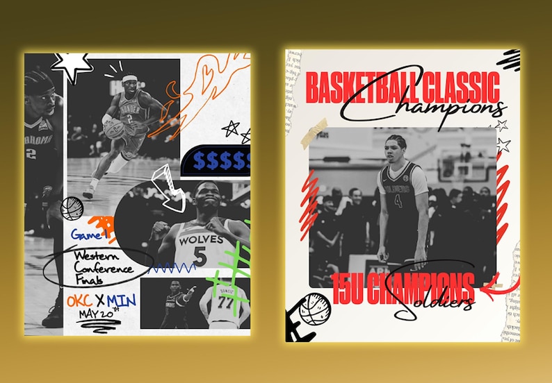 May include: A collage-style design featuring basketball imagery and text. The left side showcases action shots of players, with text including "Game", "Western Conference Finals", and "OKC X MIN MAY 20". The right side displays "BASKETBALL CLASSIC champions" and "15U CHAMPIONS Soldiers".