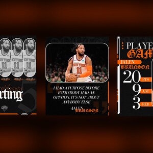 May include: A graphic design featuring basketball player Jalen Brunson in a New York Knicks uniform. The design includes the text "Starting", a quote, and player statistics: 20 points, 9 assists, and 3 rebounds.