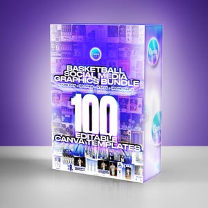 Op de afbeelding: Een rechthoekige doos met een paars en wit ontwerp. De doos bevat de tekst "BASKETBALL SOCIAL MEDIA GRAPHICS BUNDLE" en "100 EDITABLE CANVA TEMPLATES". De doos heeft een paarse gradiënt achtergrond.