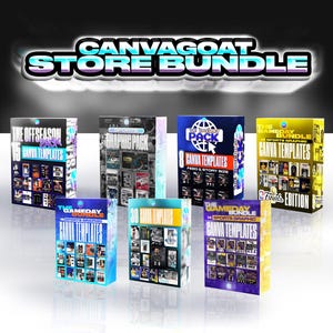 May include: A collection of Canva template bundles, including "The Offseason," "Graphic Pack," and "The Gameday Bundle." The boxes are various colors, with text overlays in a stylized font. The overall theme is sports-related graphics.