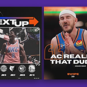 May include: Two-panel graphic on a purple background. The left panel shows a basketball player in a red jersey with "OKC" and the number 8. The right panel shows a player in a blue jersey with the text "AC REALLY THAT DUDE".