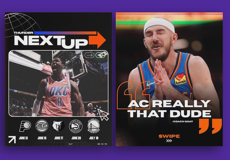 May include: Two-panel graphic on a purple background. The left panel shows a basketball player in a red jersey with "OKC" and the number 8. The right panel shows a player in a blue jersey with the text "AC REALLY THAT DUDE".