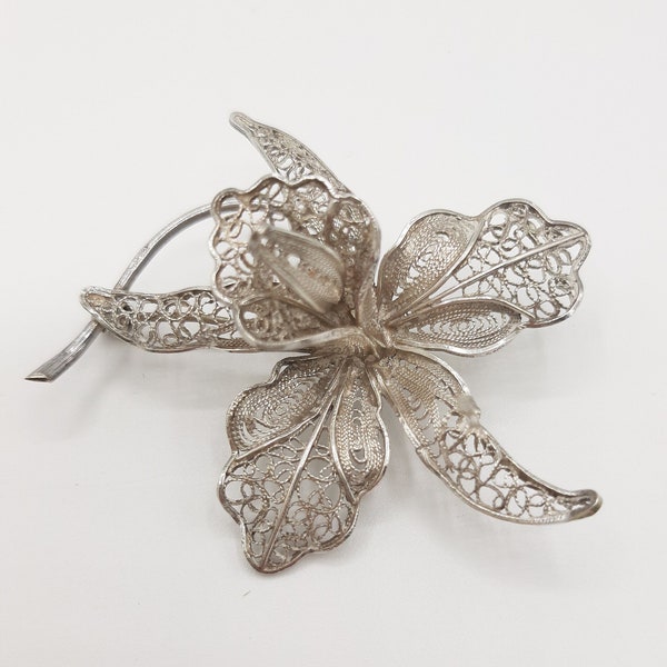 Vintage Silver Orchid Flower Filigree Brooch Pin in 800 Silver