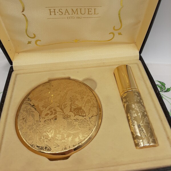 Coffret vintage H Samuel Gold Floral and Butterfly Compact and Lipstick Holder / Lipview