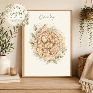 Può includere: Una stampa digitale con un'illustrazione ad acquerello di un embrione umano circondato da foglie verdi e delicati accenti floreali. Il testo "Our embryo" è scritto in un carattere corsivo scuro sopra l'illustrazione biologica centrale.
