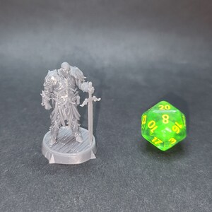 Peut inclure: Une miniature en plastique grise d'un chevalier en armure tenant une épée, debout sur une base ronde. La miniature est à côté d'un dé vert à 20 faces avec des chiffres jaunes.