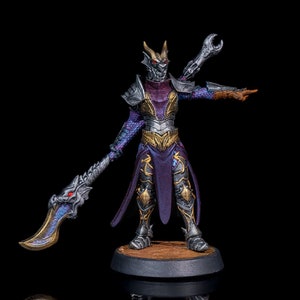 May include: A painted miniature figurine of a dragon-like creature wearing armor and holding a spear. The creature has purple and gold armor, red eyes, and a purple cape. The spear is silver and blue.