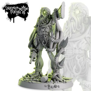 May include: A gray, detailed miniature figurine of a humanoid figure with an octopus-like lower body, wearing a pirate hat and holding a weapon. The figure is standing on a circular base with a textured surface.