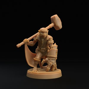 May include: A brown miniature figurine of a humanoid creature with a hammer. The creature has a long snout and a tail, and is wearing a brown tunic and pants. The hammer has a large, square head.