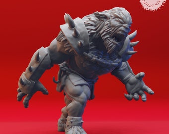May include: A gray, detailed miniature figurine of a beast-like creature with sharp teeth and claws, wearing armor with spikes. The creature is in a crouched position, with its head turned to the side and its mouth open in a roar.