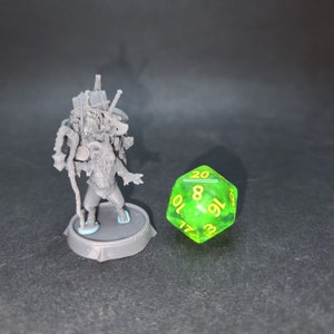 Peut inclure: Une miniature en plastique gris imprimée en 3D d'une créature portant un sac à dos et un bâton, debout sur une base ronde. Un dé vert à 20 faces avec des chiffres jaunes est au premier plan.